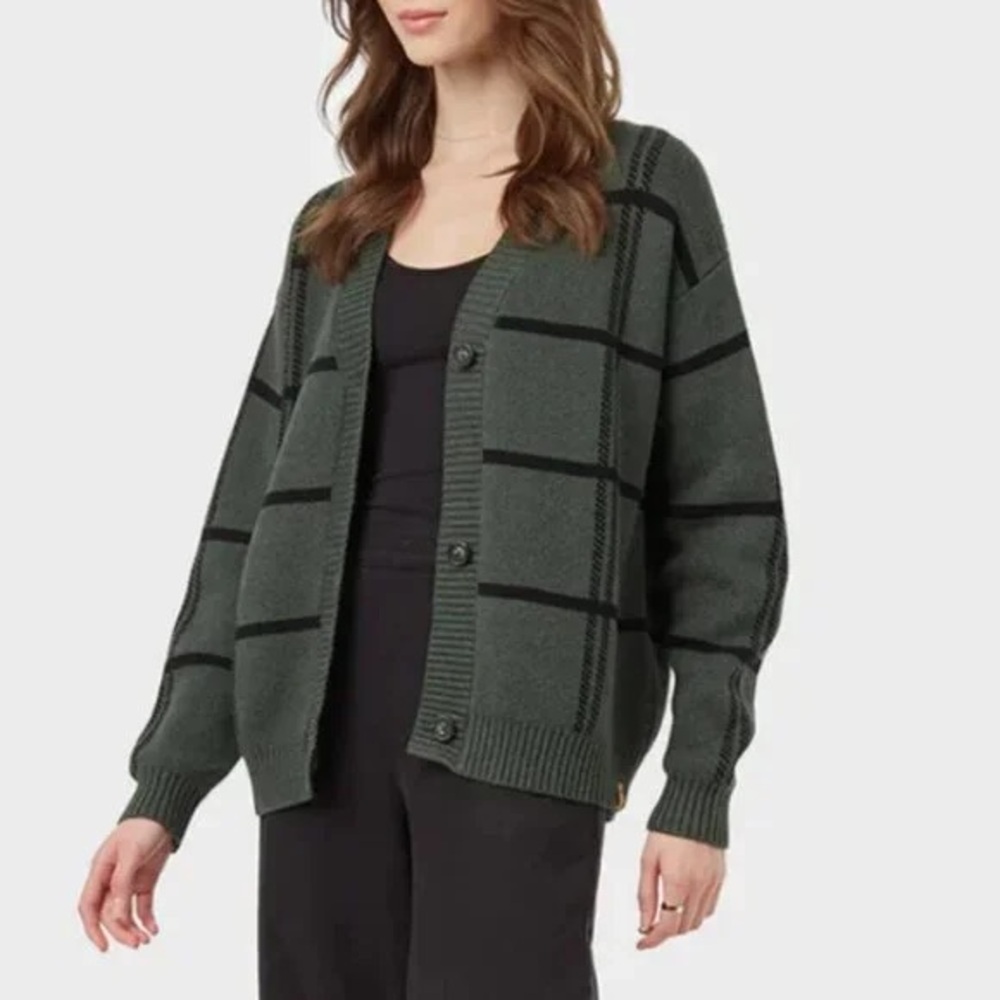Tentree Cardigan Highline Jacquard Forest Green Knit Sweater Large